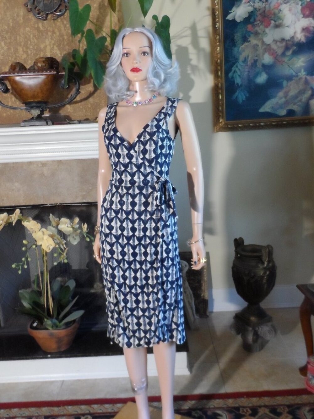 Tory Burch Navy & Ivory Geometric Faux Wrap Dress Size XS